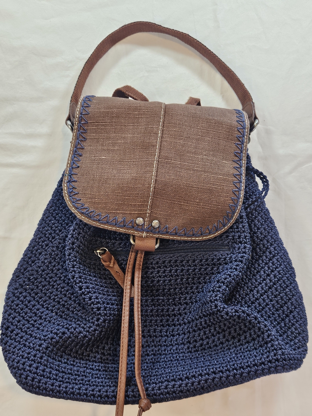 The Sak Brown & Navy Boho Crochet Backpack Rucksack Jute Trim Tribal Strap